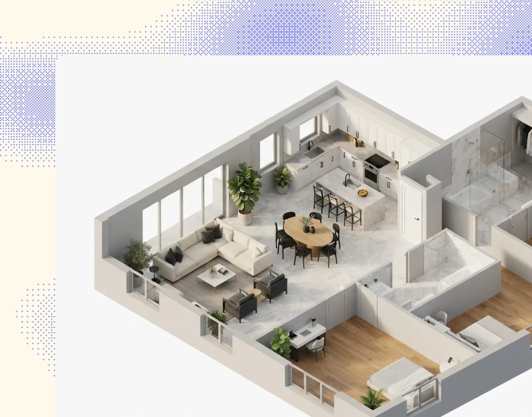 A 3D rendered floor plan showing an interactive unit layout