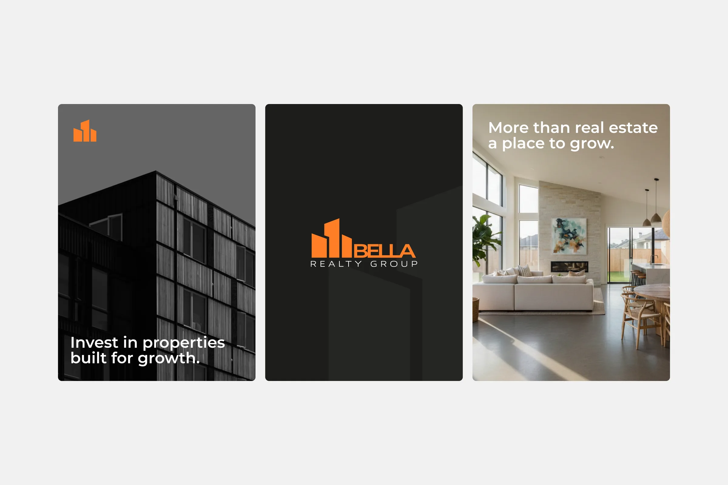 Three Bella Realty Group brand application cards showing the logo mark, wordmark lockup, and a lifestyle photo