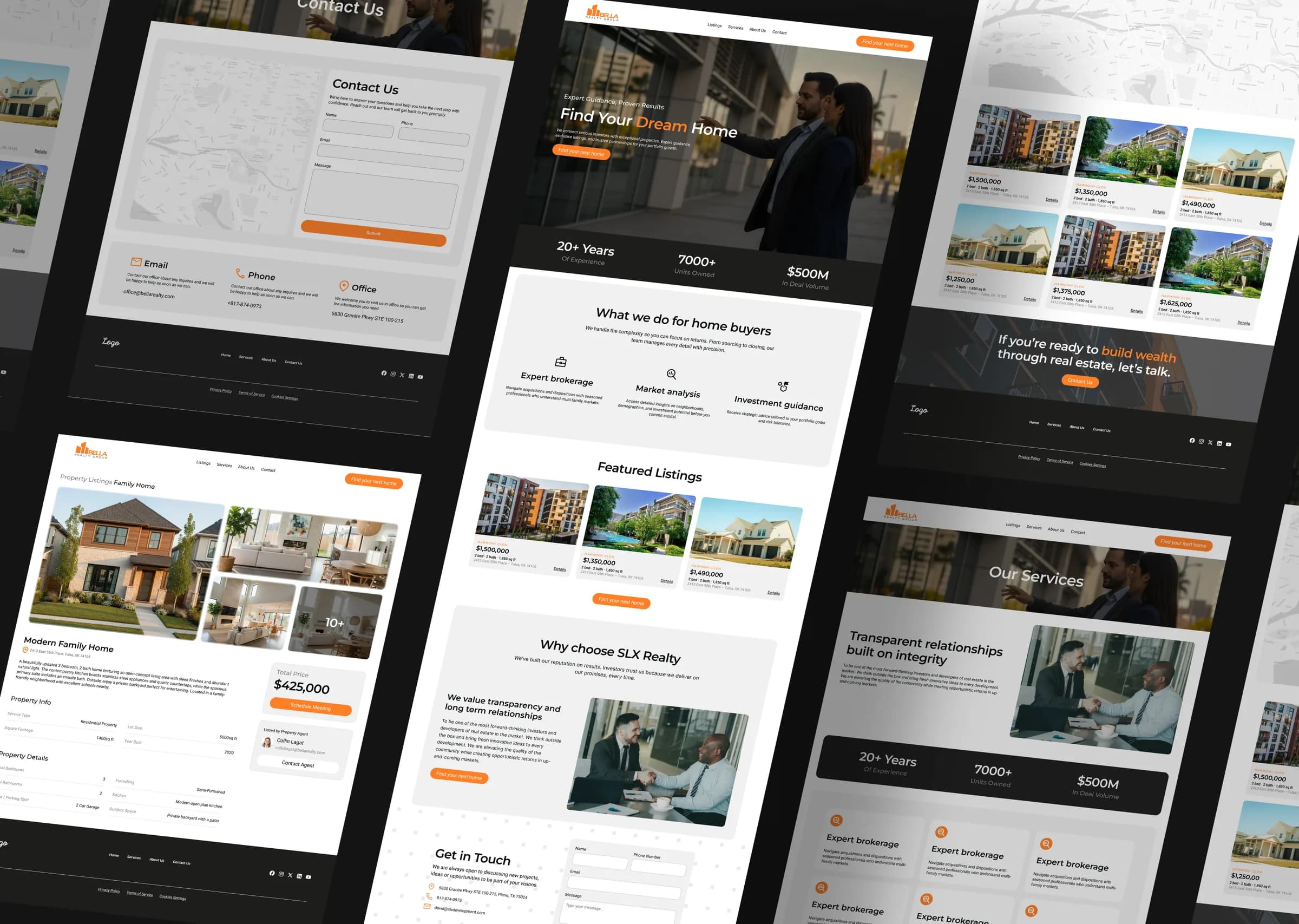 Pages from the Bella Real Estate Group build laid out in perspective: home page, featured listings, a property detail page, services and contact
