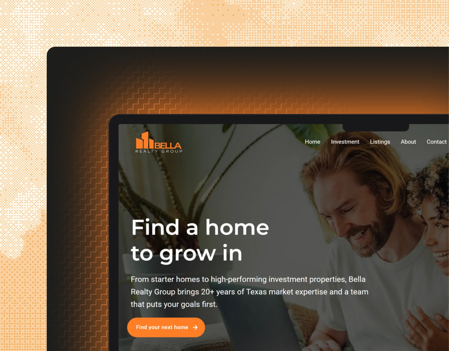 A laptop showing the Bella Realty Group homepage, a real estate site built by Cloud Creation