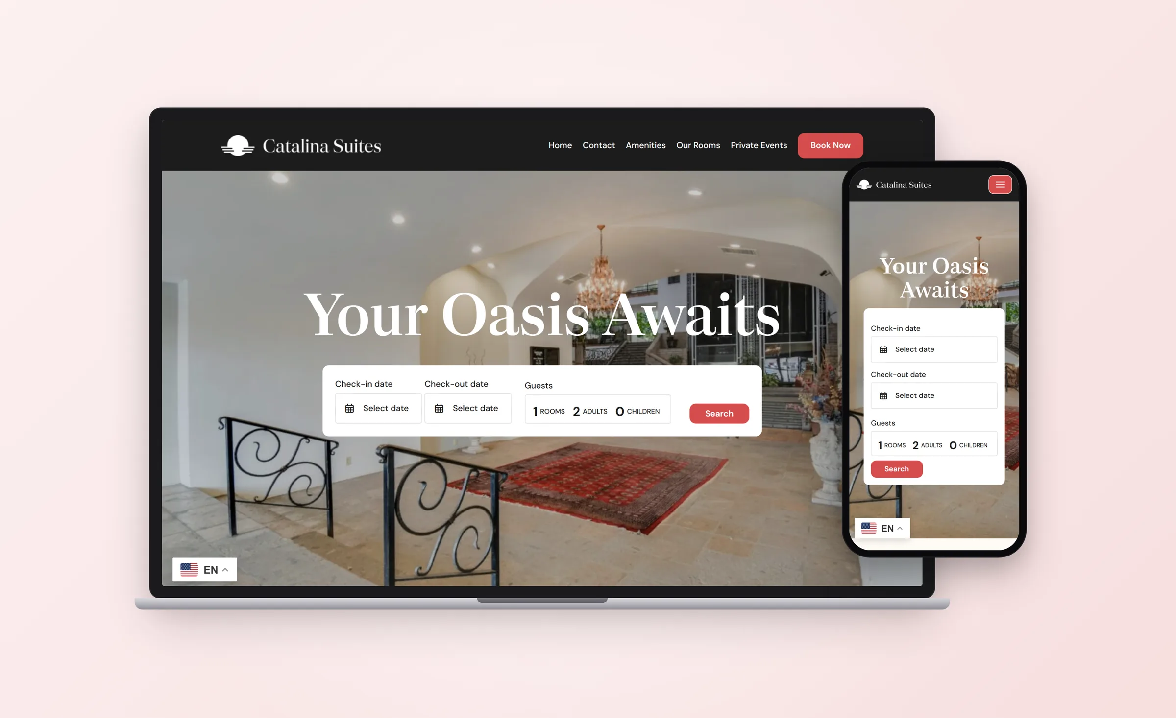 The Catalina Suites homepage shown on desktop and mobile, with a room search widget