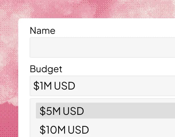 An enquiry form with a budget dropdown open on a range of investment tiers